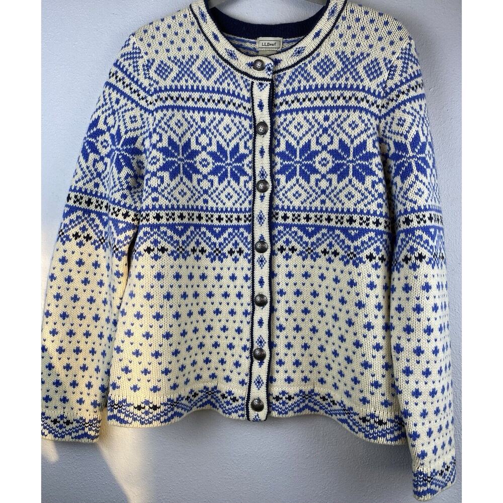 L.L.Bean Sz MP Nordic Fair Isle Sweater Cardigan Blue Ivory Women's Metal Button